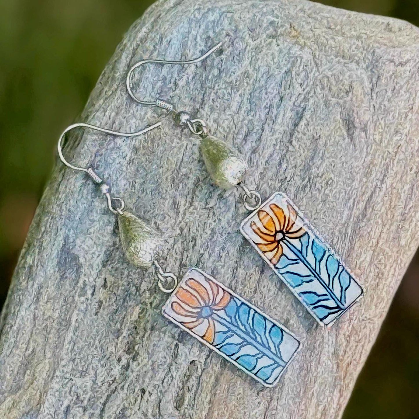 Silver floral earring, art deco style jewelry, turquoise and orange flower earring, botanical jewelry, whimsical art watercolor jewelry - The Watercolor Nest