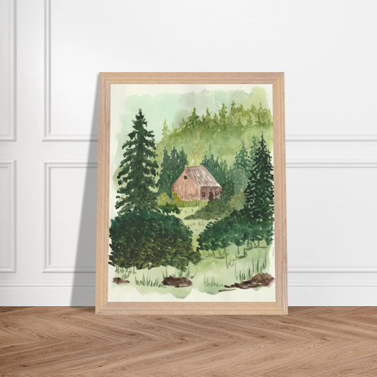 Maine Cabin | Wooden Framed Poster with Museum - Quality Matte Paper 11x14″ - Print Material - The Watercolor Nest