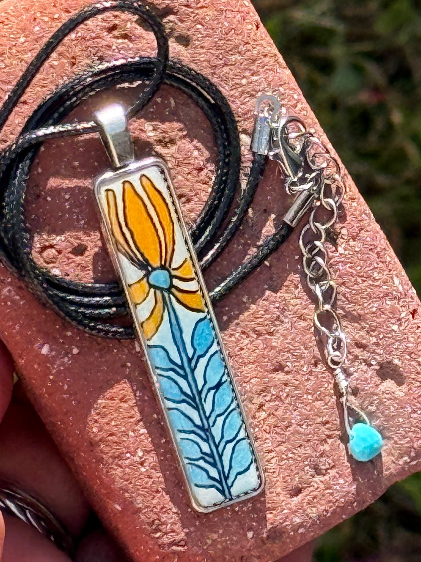 Hand-Painted Botanical Watercolor Necklace | Art Deco Silver Pendant