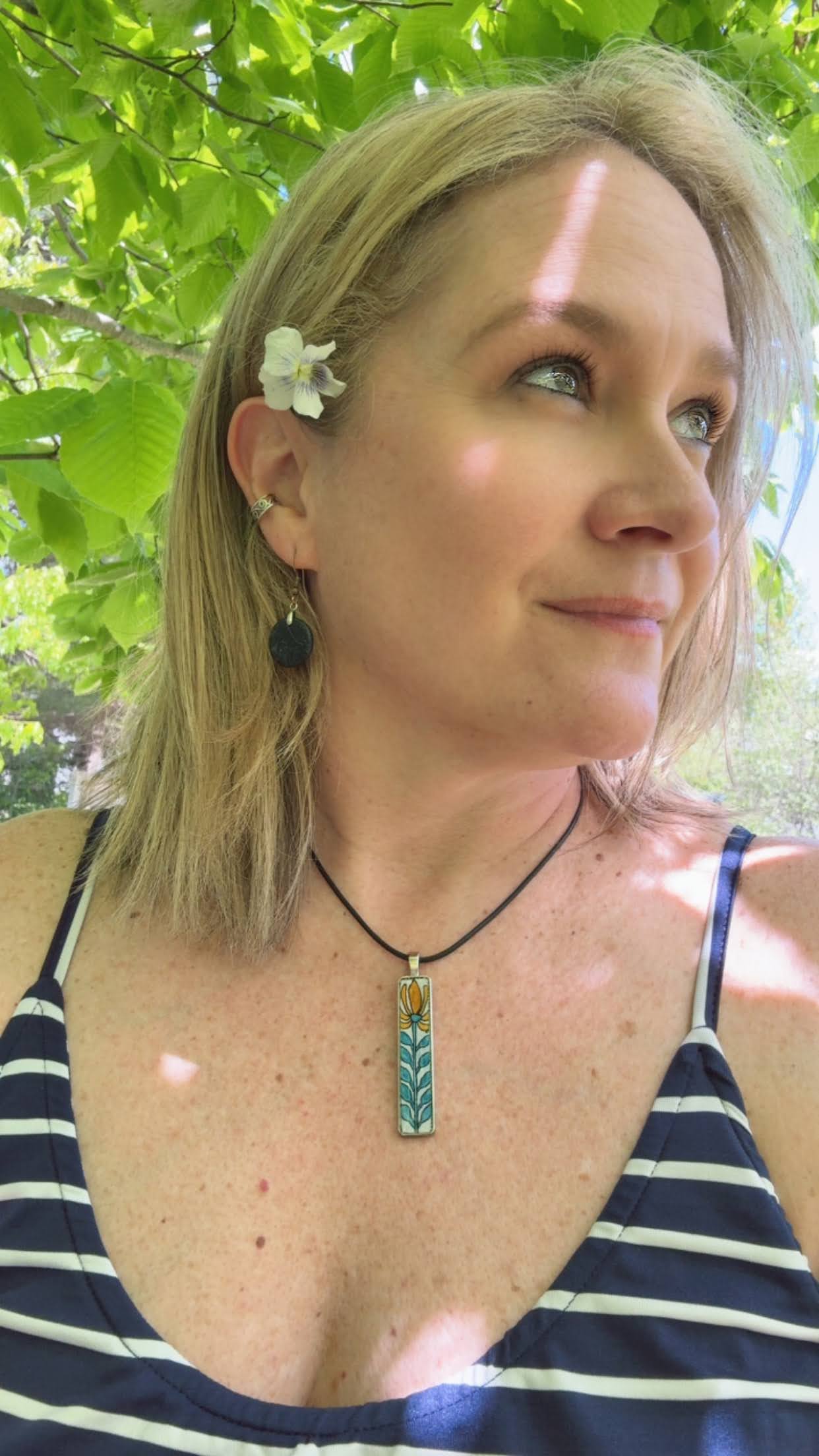 Hand-Painted Botanical Watercolor Necklace | Art Deco Silver Pendant