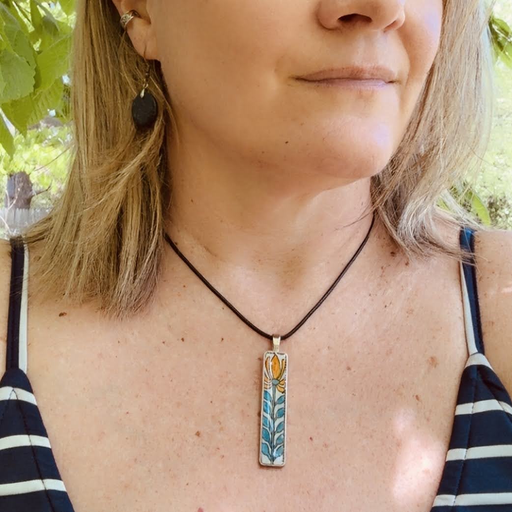 Hand-Painted Botanical Watercolor Necklace | Art Deco Silver Pendant