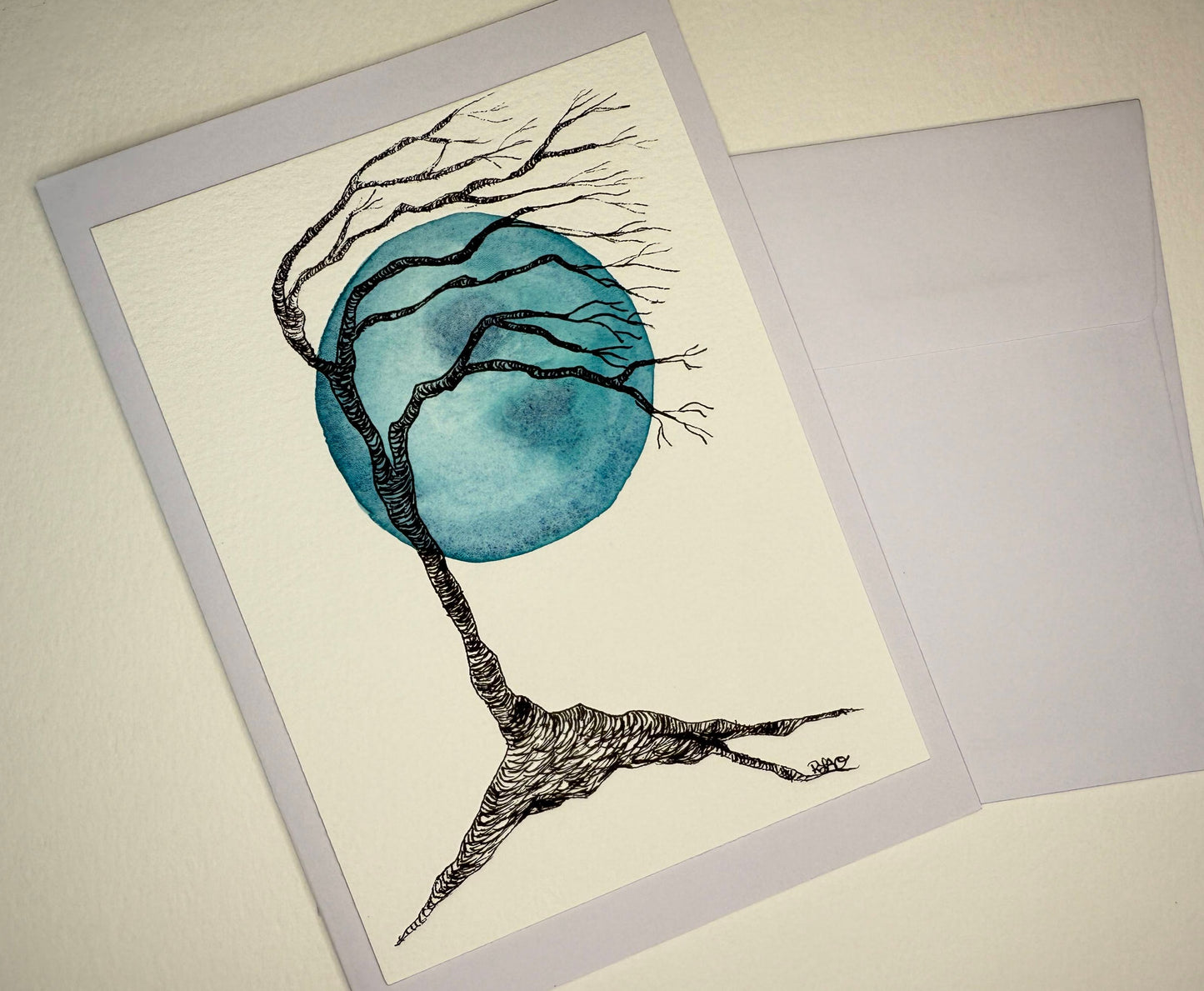 Hand Painted Watercolor & Ink Creepy Tree Halloween Card