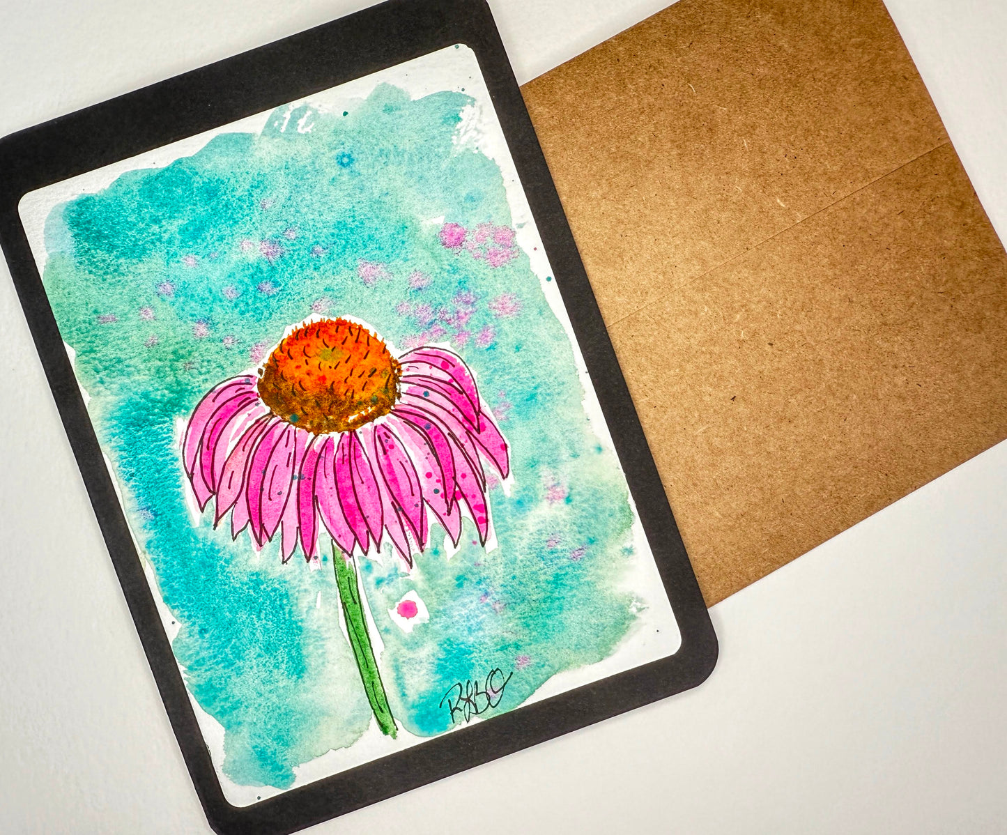 Hand Painted Watercolor Cone Flower Card in Black