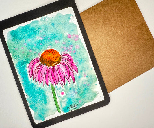 Hand Painted Watercolor Cone Flower Card in Black
