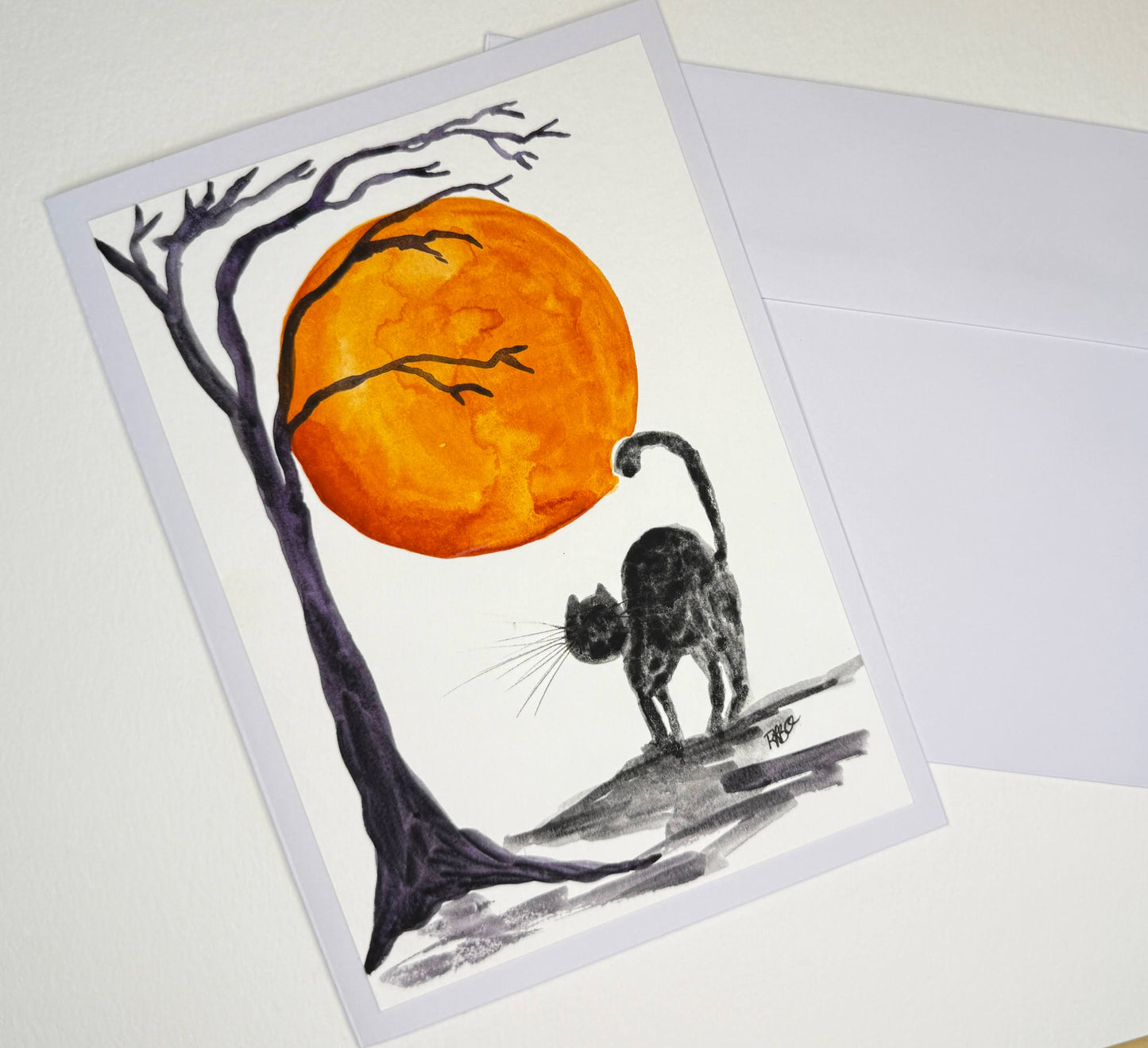 Hand Painted Watercolor black cat Halloween Card