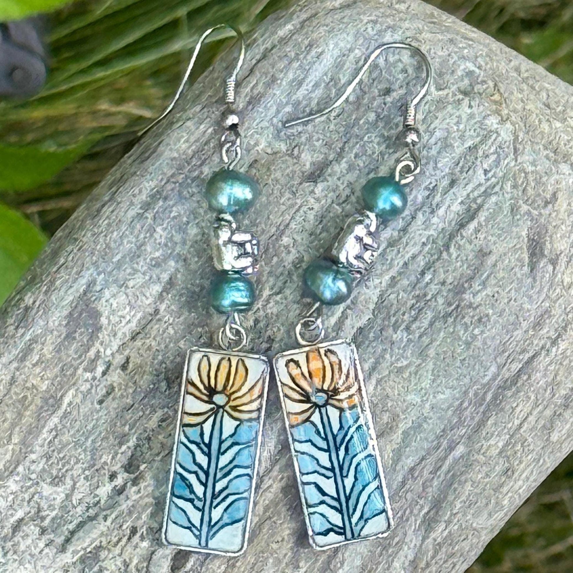 Silver floral earring, art deco style jewelry, turquoise and orange flower earring, botanical jewelry, whimsical art watercolor jewelry - The Watercolor Nest
