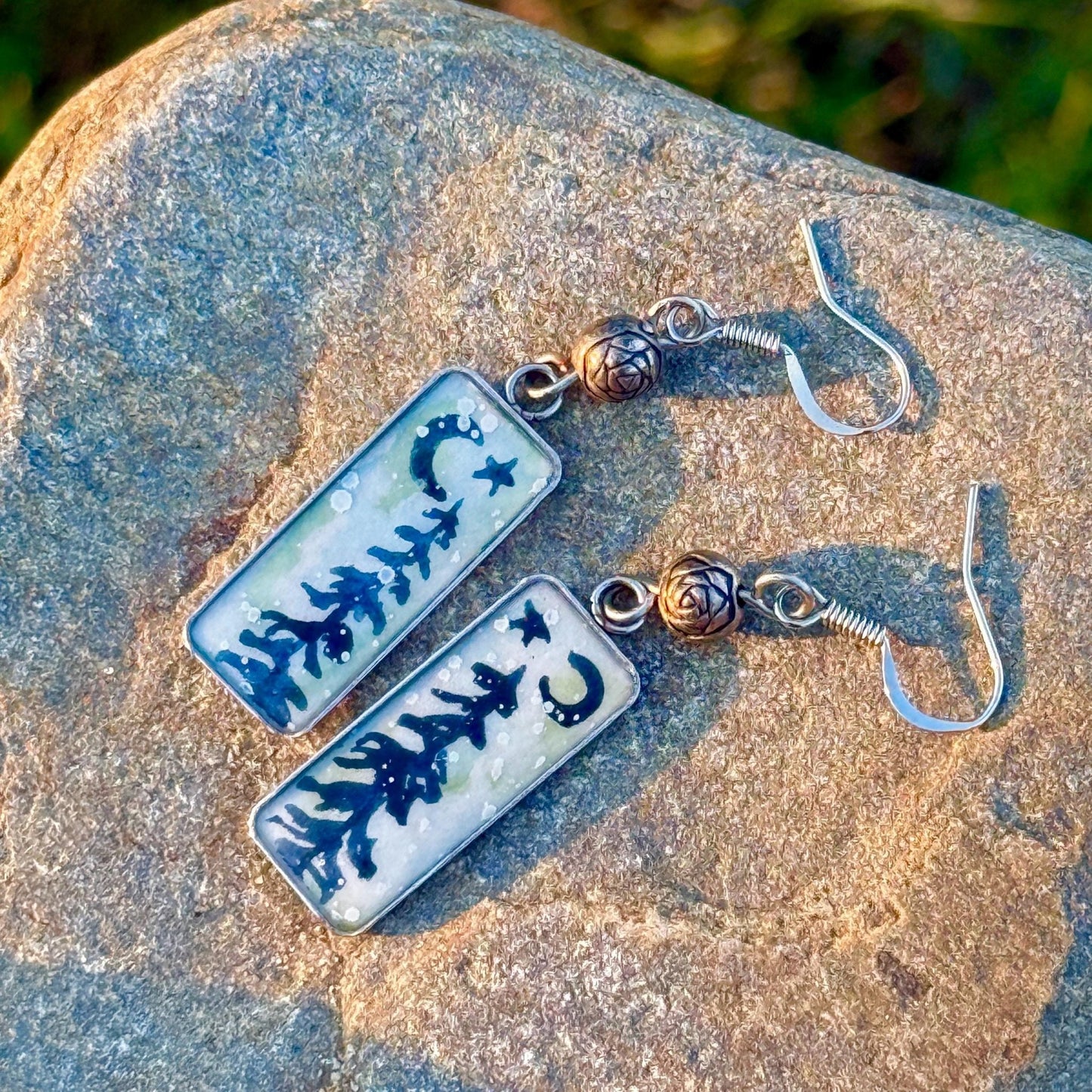 Silver or gold dangle earring, owl woodland jewelry, pine tree, celestial star gift, hook earring, moon and star, watercolor art jewelry - The Watercolor Nest