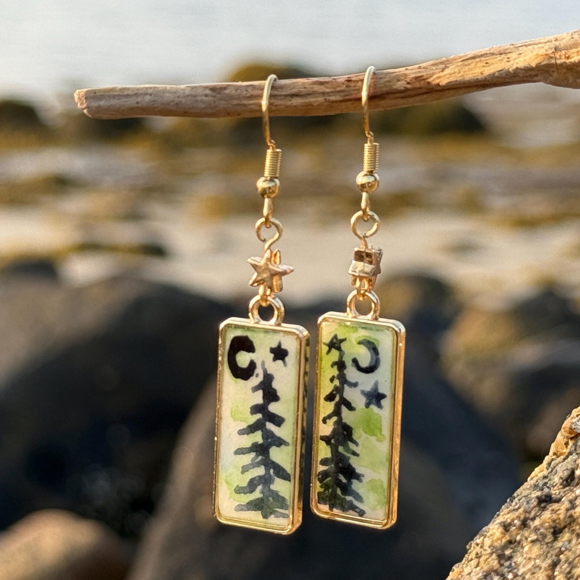 Silver or gold dangle earring, owl woodland jewelry, pine tree, celestial star gift, hook earring, moon and star, watercolor art jewelry - The Watercolor Nest
