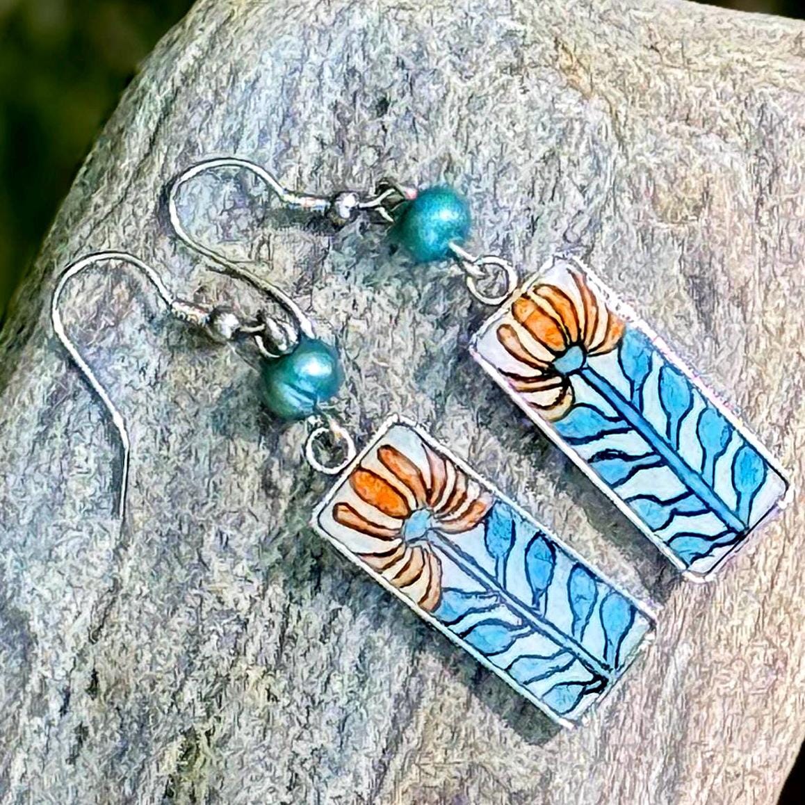 Silver floral earring, art deco style jewelry, turquoise and orange flower earring, botanical jewelry, whimsical art watercolor jewelry - The Watercolor Nest