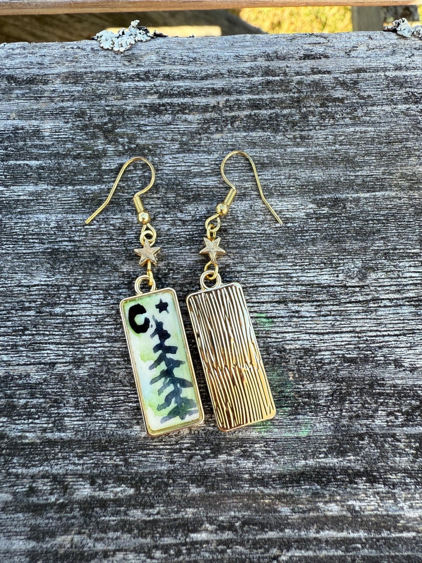Silver or gold dangle earring, owl woodland jewelry, pine tree, celestial star gift, hook earring, moon and star, watercolor art jewelry - The Watercolor Nest