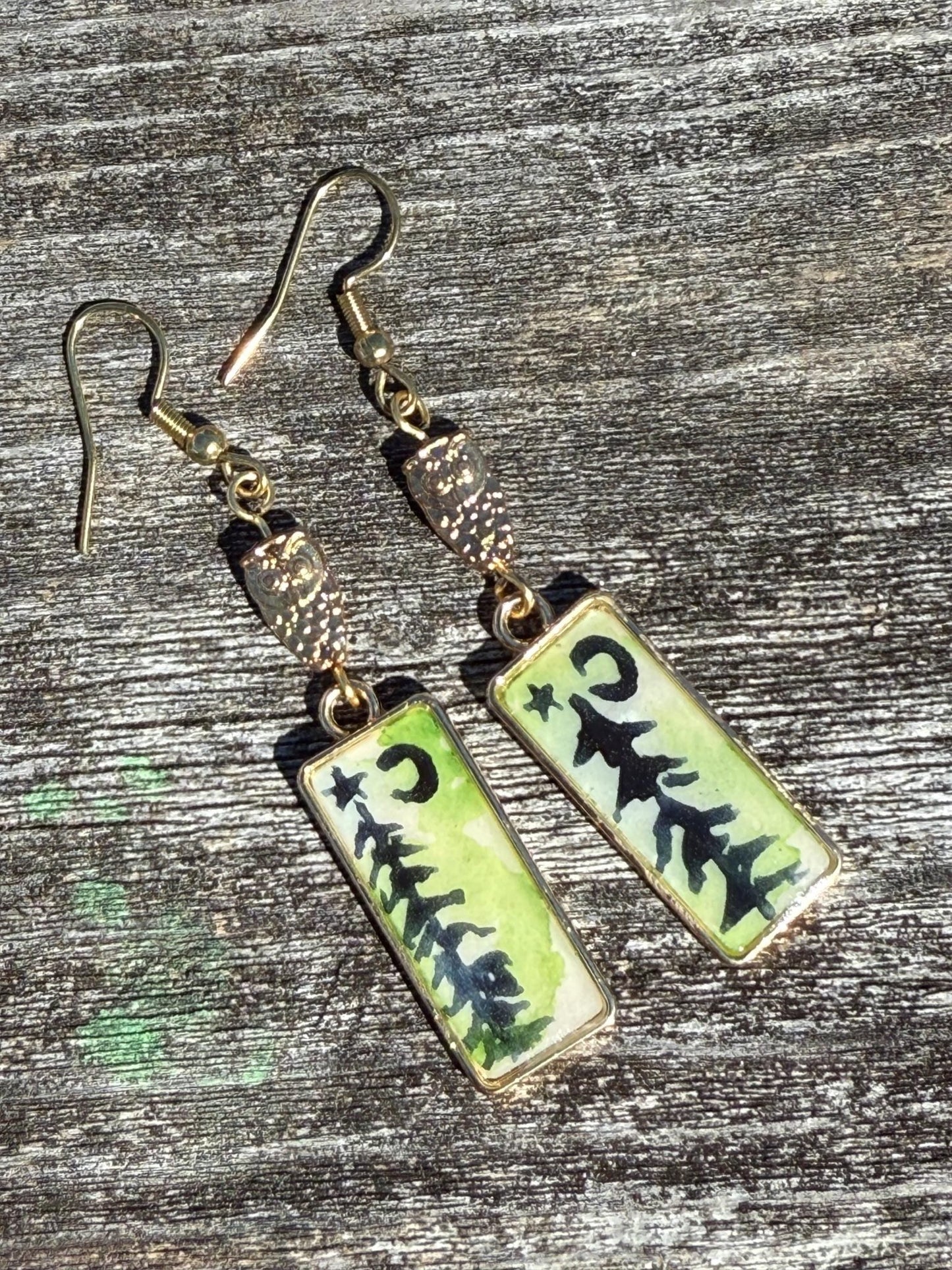 Silver or gold dangle earring, owl woodland jewelry, pine tree, celestial star gift, hook earring, moon and star, watercolor art jewelry - The Watercolor Nest