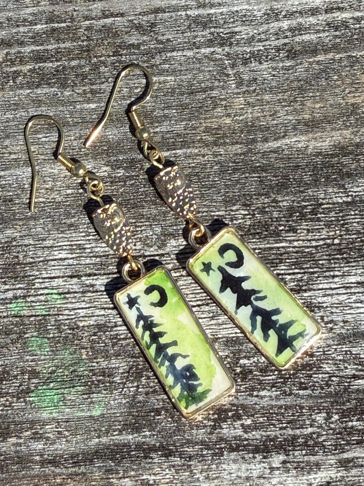 Silver or gold dangle earring, owl woodland jewelry, pine tree, celestial star gift, hook earring, moon and star, watercolor art jewelry - The Watercolor Nest