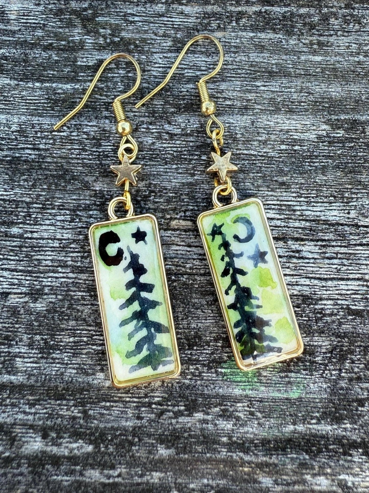 Silver or gold dangle earring, owl woodland jewelry, pine tree, celestial star gift, hook earring, moon and star, watercolor art jewelry - The Watercolor Nest