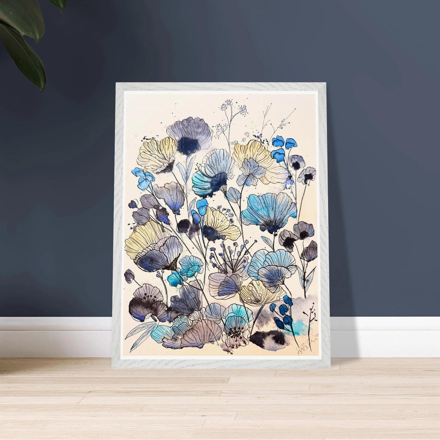 Robyn Flowers, Blue - Wooden Framed Poster with Museum - Quality Matte Paper - The Watercolor Nest