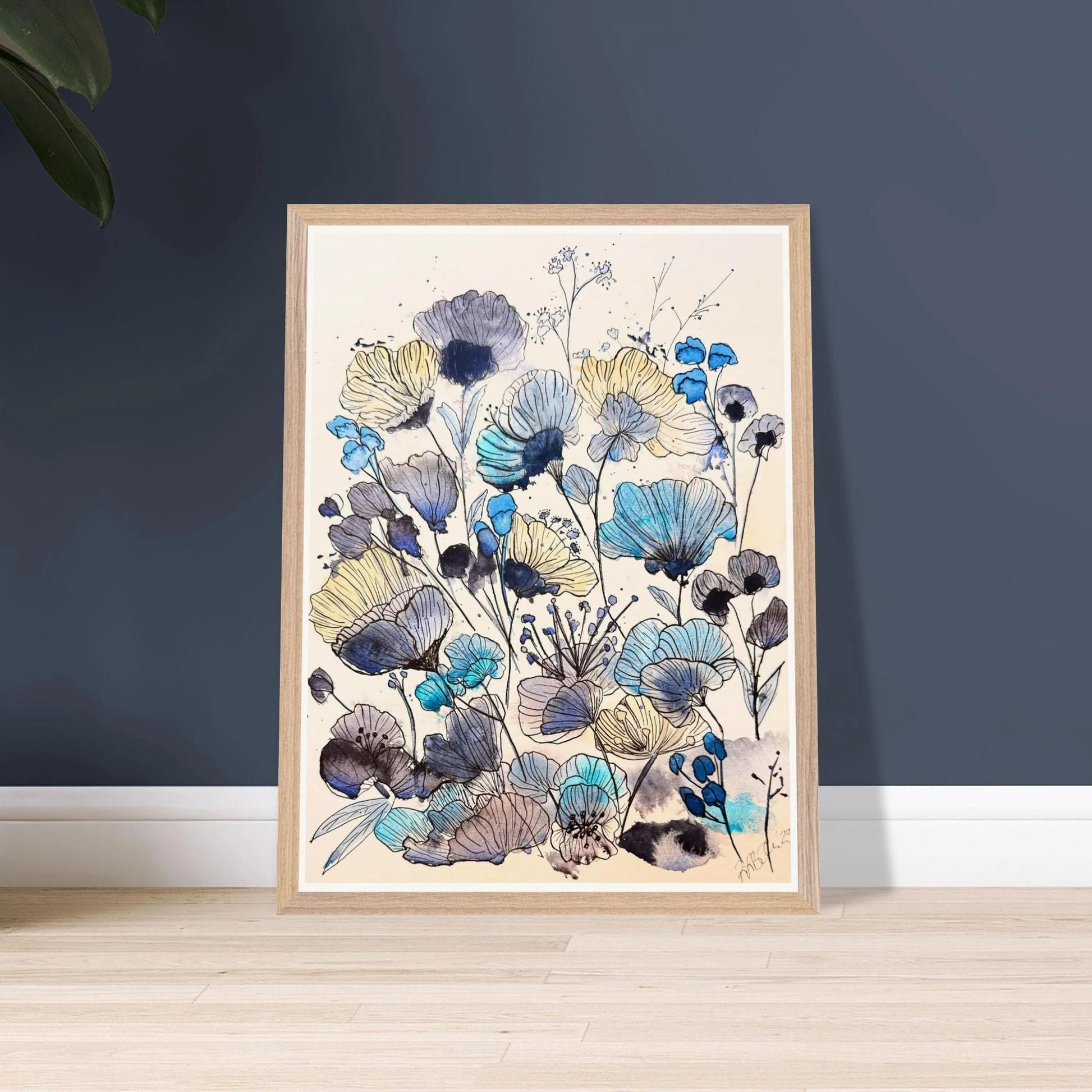 Robyn Flowers, Blue - Wooden Framed Poster with Museum - Quality Matte Paper - The Watercolor Nest